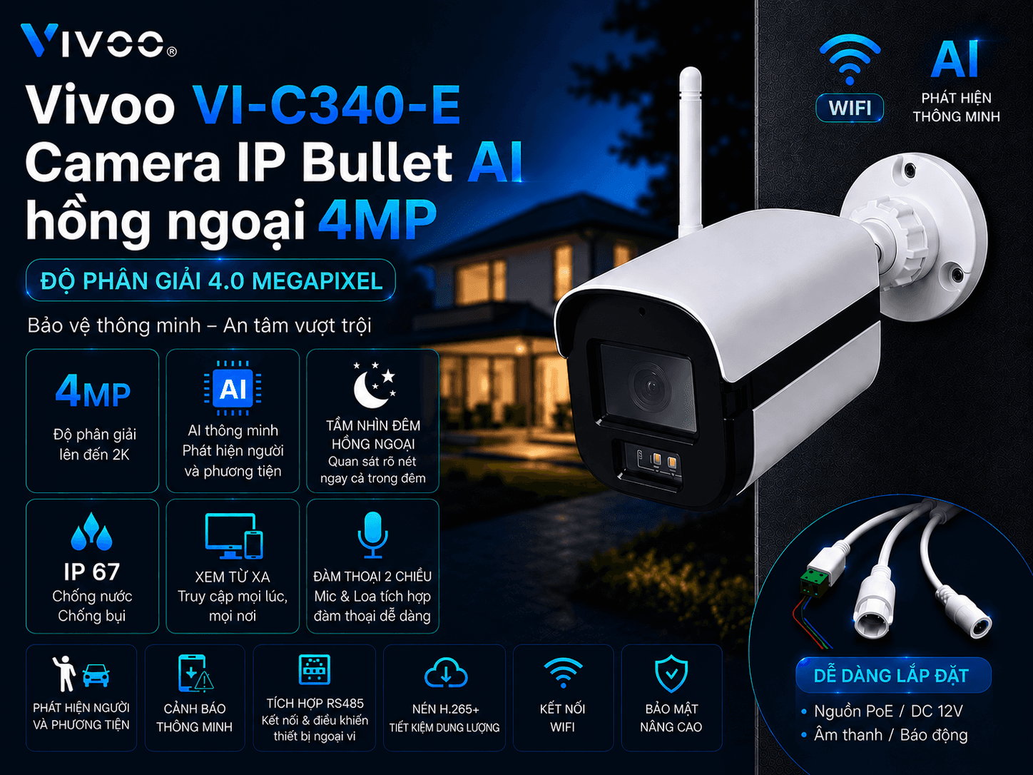 Bullet Camera IP hồng ngoại AI 4.0 Megapixel
