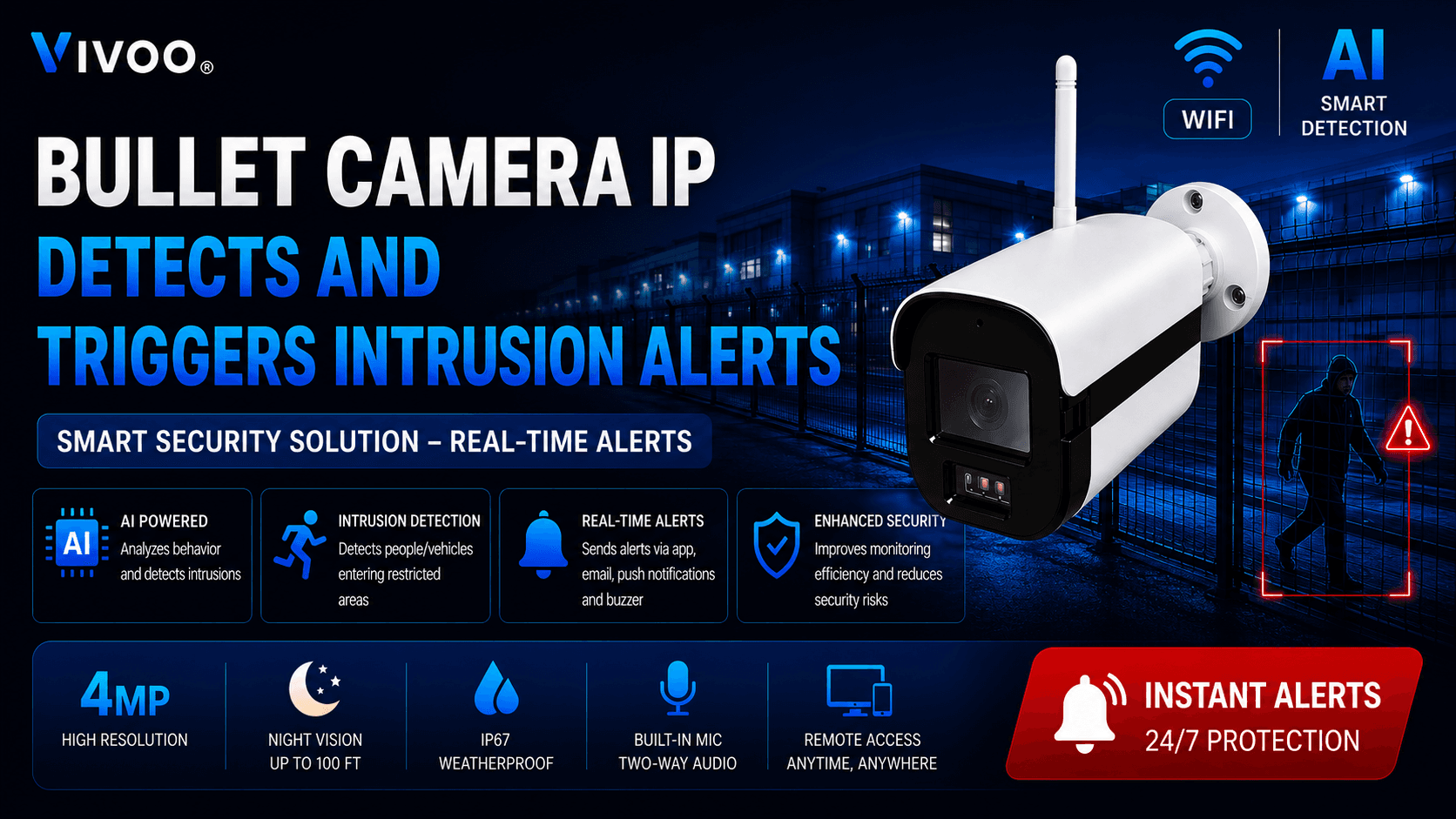 Bullet Camera IP Detects and Triggers Intrusion Alerts