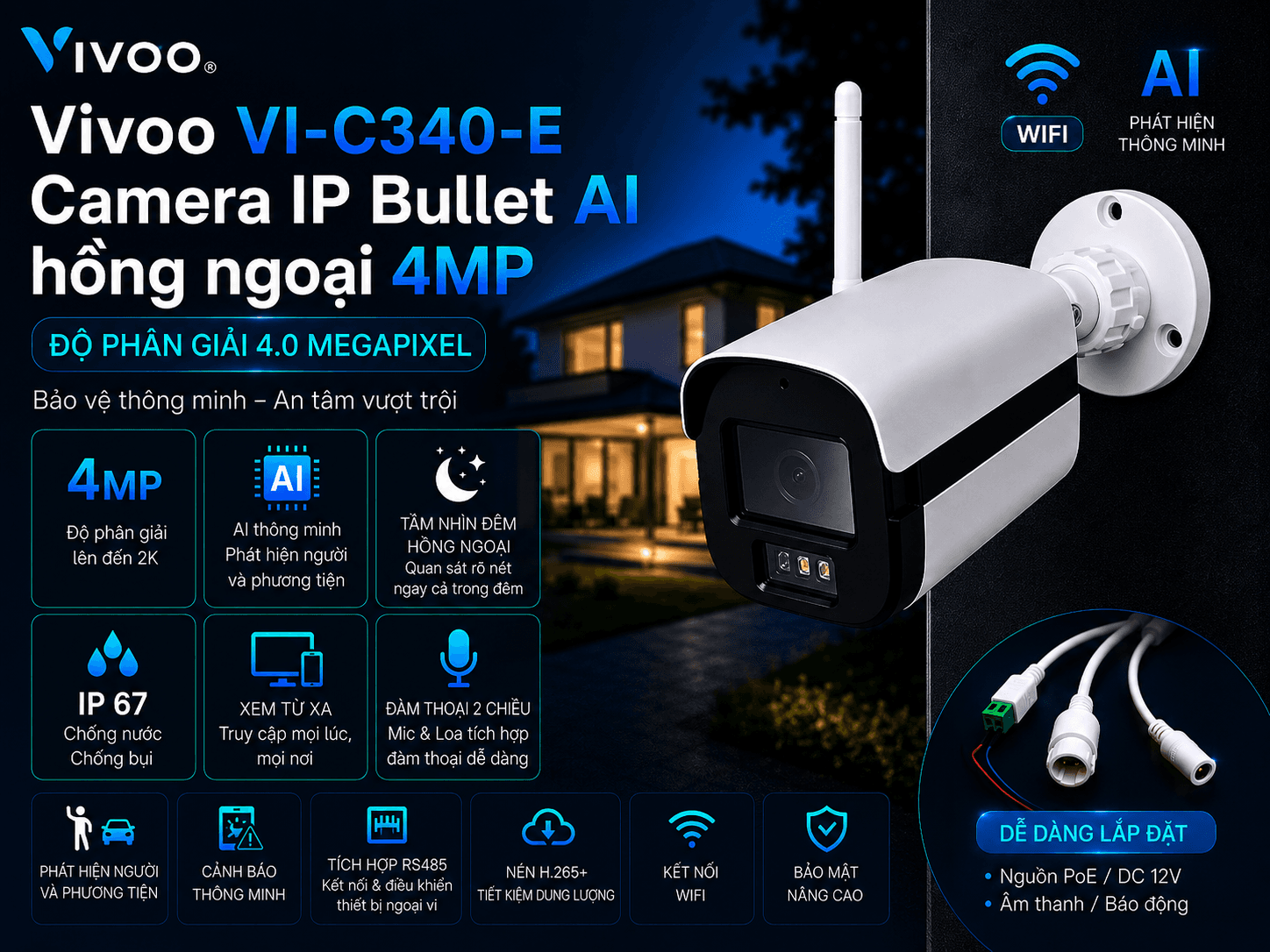 Bullet Camera IP hồng ngoại AI 4.0 Megapixel